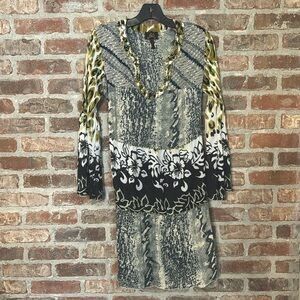 Faith multi pattern animal print blues & greens bead embellishment size s dress